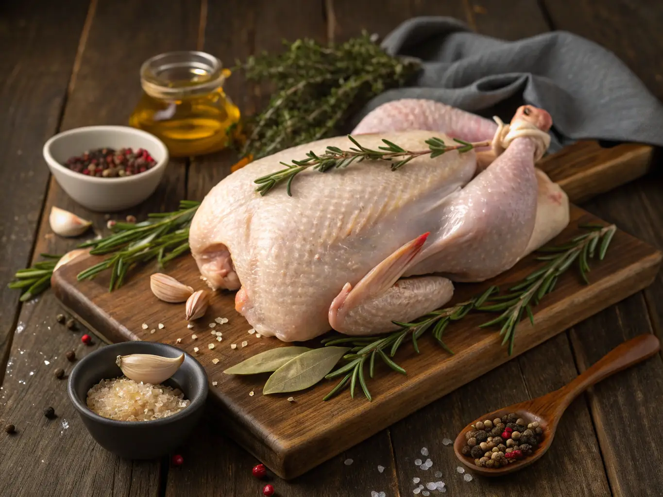 A photograph of a selection of fresh poultry, highlighting the natural colors and textures, with a focus on the humane treatment of the animals at the partner ranches.