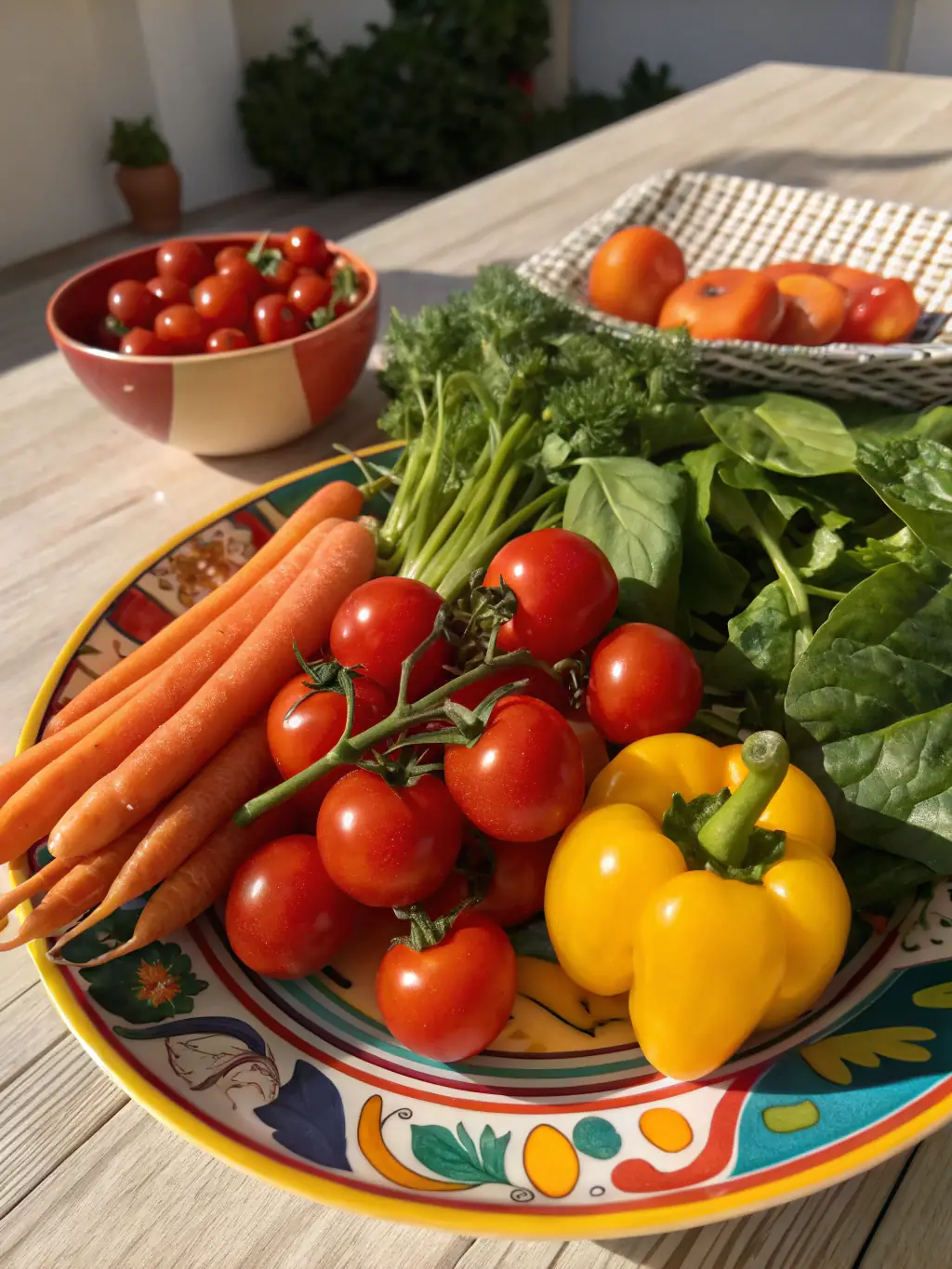 A vibrant display of various vegetables grown at Palomar Ranch 333, emphasizing the diversity and nutritional benefits of each type, arranged in an appealing manner.