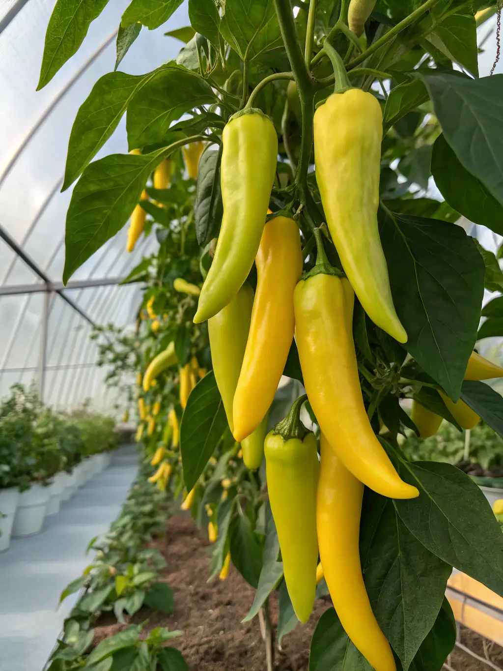 A photo of colorful bell peppers in various stages of growth, highlighting their vibrant colors and healthy appearance.
