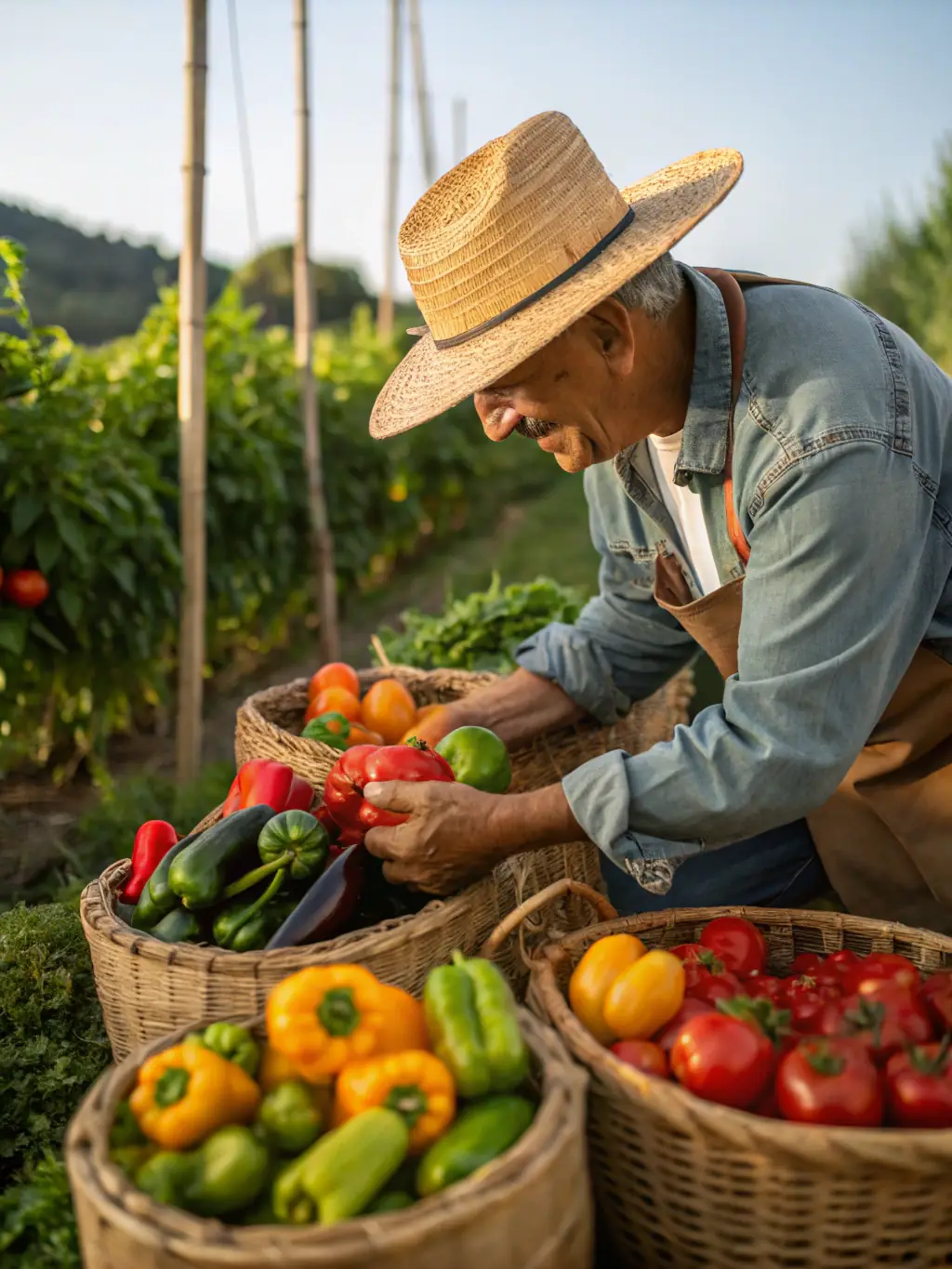 Image of a farmer at Palomar Ranch 333 inspecting a freshly grown tomato, highlighting the care and attention given to each vegetable to ensure quality and taste.