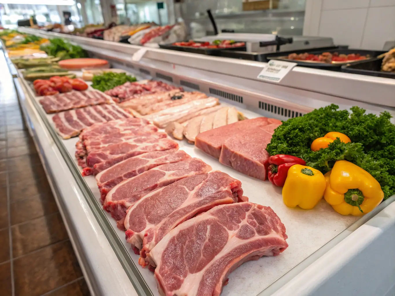 A photograph of a variety of pork cuts, emphasizing the lean and flavorful nature of the meat, with a focus on the sustainable farming practices used by the local ranchers.