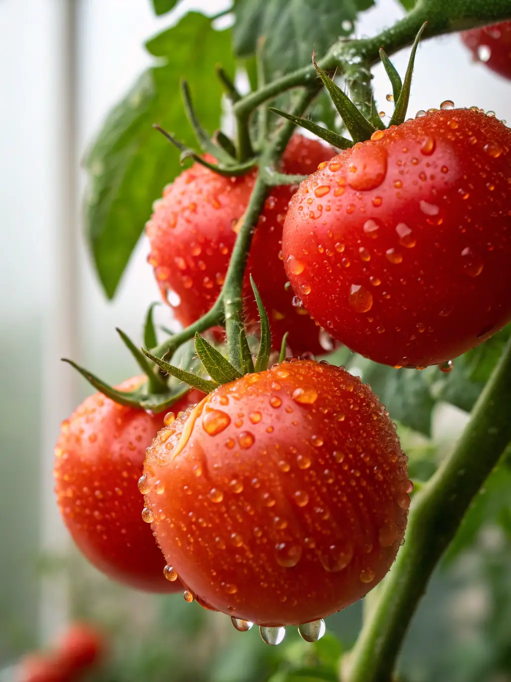 Close-up shot of vibrant red tomatoes on the vine in a Palomar Ranch 333 greenhouse, showcasing their ripeness and quality.