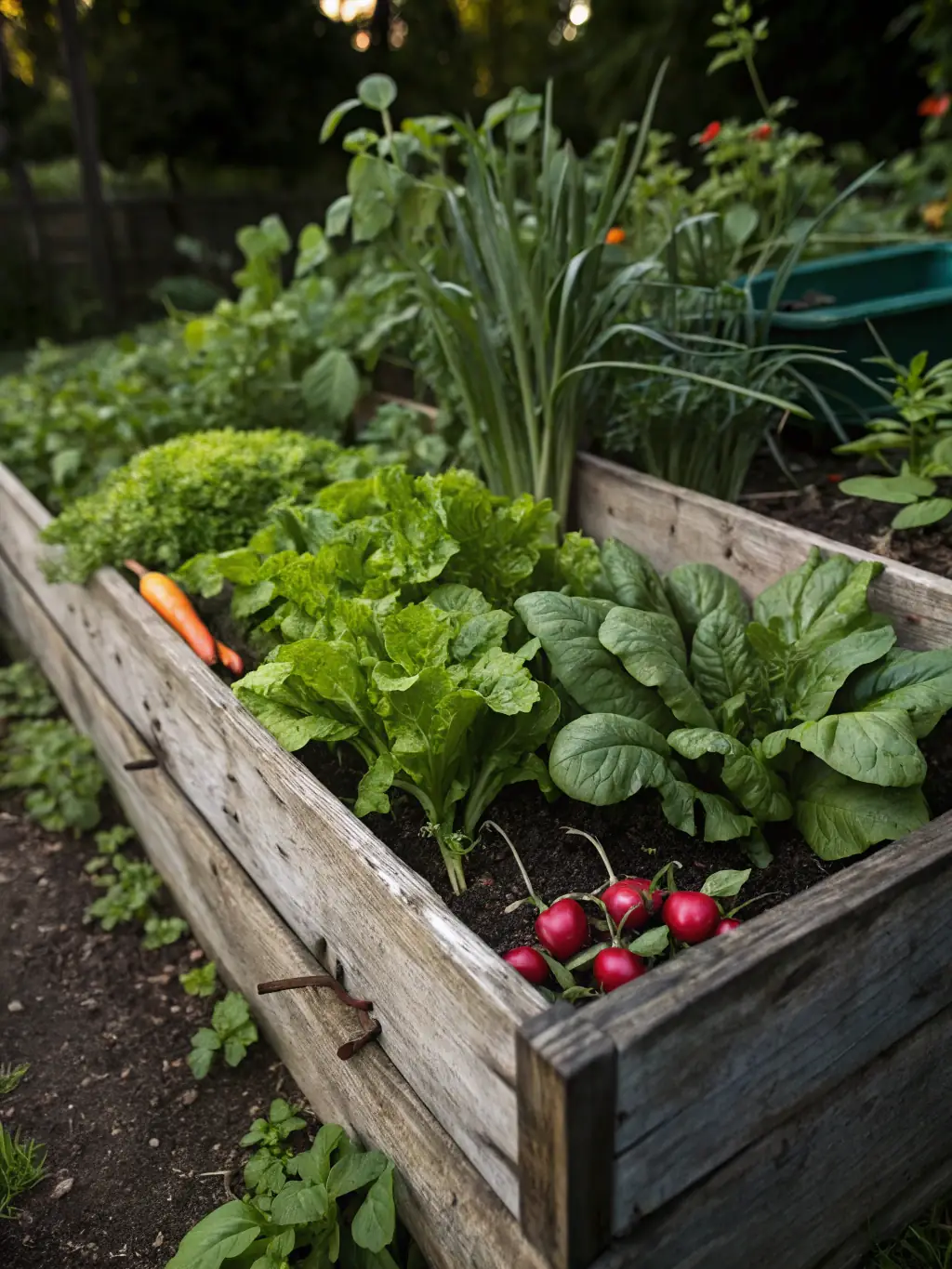 Close-up shot of a lush, green vegetable garden at Palomar Ranch 333, showcasing healthy plants growing in rich soil, with a focus on sustainable farming practices.