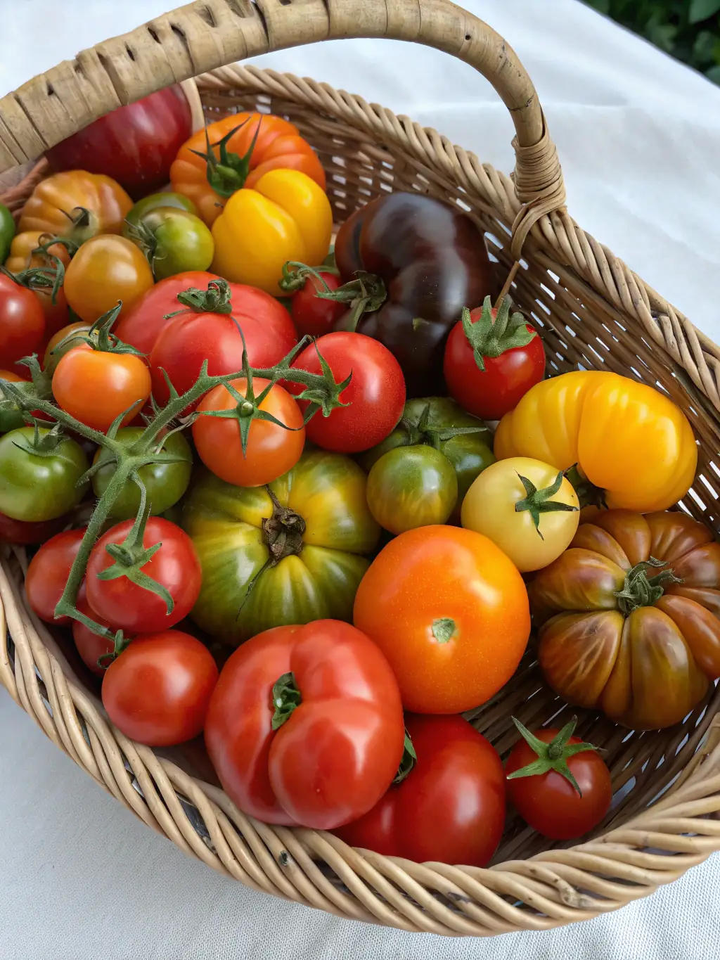 A close-up shot of vibrant, freshly harvested heirloom tomatoes, showcasing their unique shapes, colors, and textures, arranged in a wooden crate at Palomar Ranch 333.
