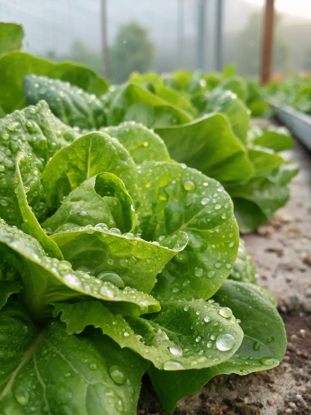 Image of freshly harvested heads of lettuce, displaying their crispness and vibrant green color, arranged in a crate.
