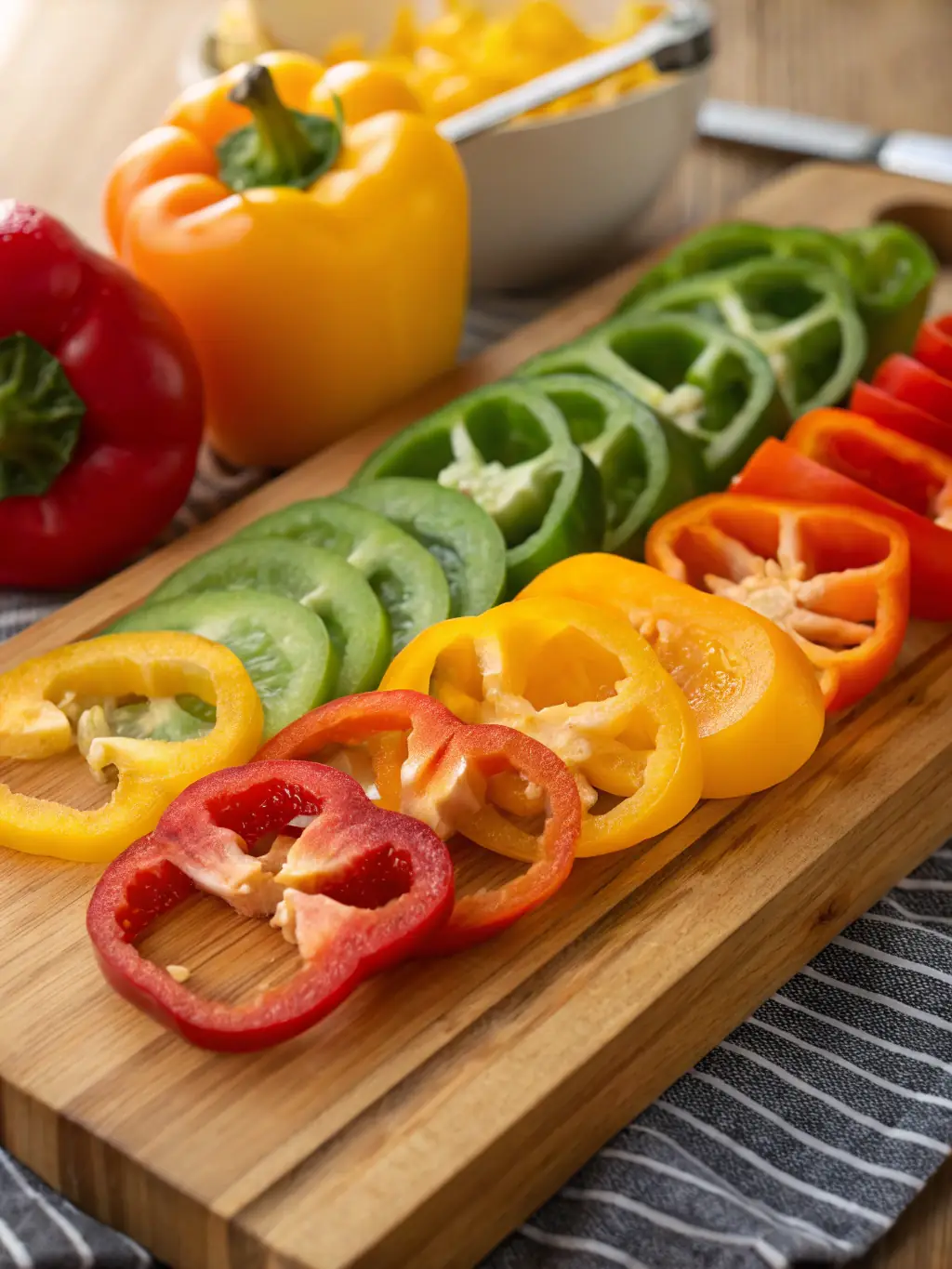 A bunch of colorful, crisp bell peppers (red, yellow, green) freshly picked from the greenhouse at Palomar Ranch 333, displayed against a backdrop of the farm.